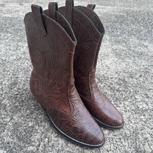 Tictactoe Line Square Dancing Cowboy Boots Women's 7 Embossed‎ Leather Flaws